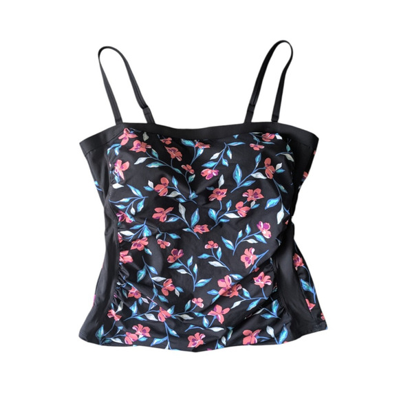 Lands End Black Floral Print Tankini Swim Top Size 18 Wireless Built in Bra - Picture 1 of 6